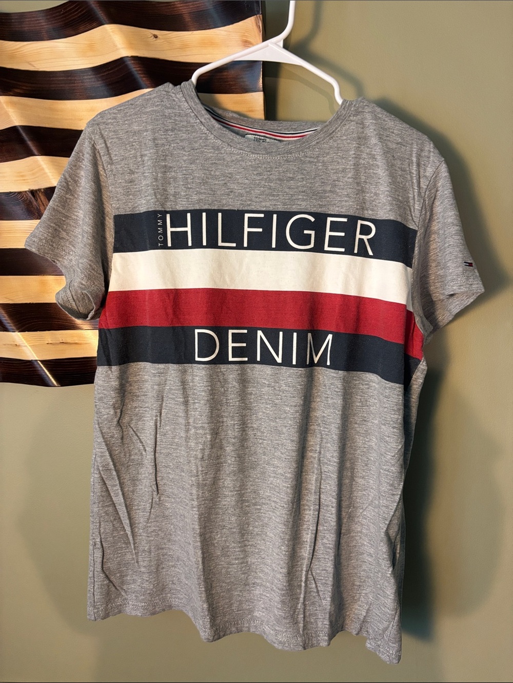 Tommy Hilfiger Grey Short-Sleeve Logo Stripe Tee with Navy, White & Red Bands